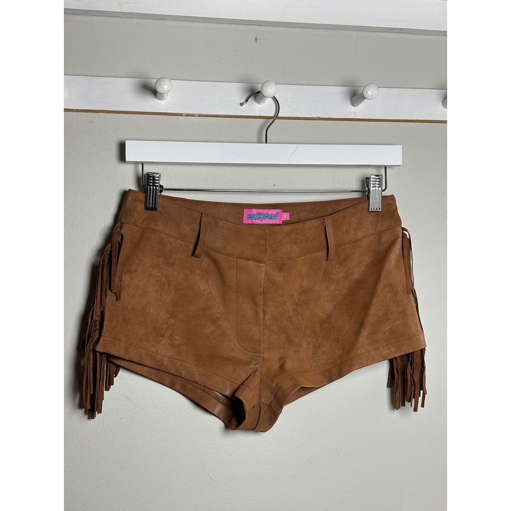 Edikted Brown Faux Leather Fringe Western Festival Shorts Y2K Small